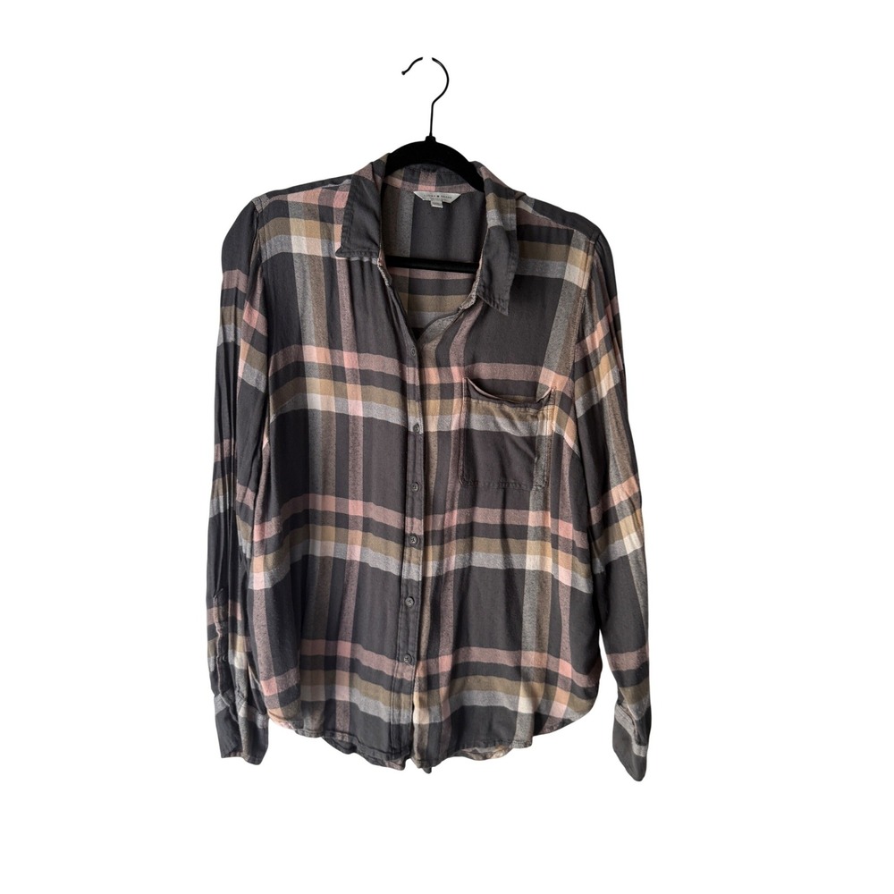 Lucky Brand Gray Pink‎ Plaid Button Up Shirt Top Large Outdoor Casual Soft Boho